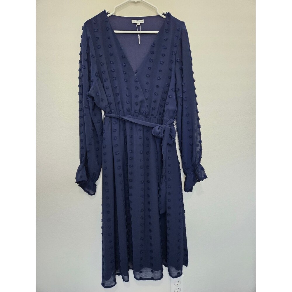 NWOT Baltic Born Paisley Dot Midi Dress V-Neck Long Sleeve Navy Blue Women 1XL - Picture 2 of 7